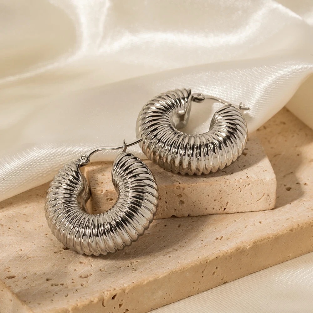 Silver Plated Stainless Steel Chunky Croissant Hoop Earrings
